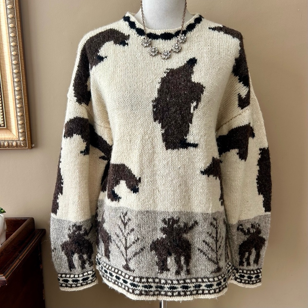 Motif Vintage 90s Wool Intarsia Moose Bear Chunky Knit Intarsia Sweater Size M